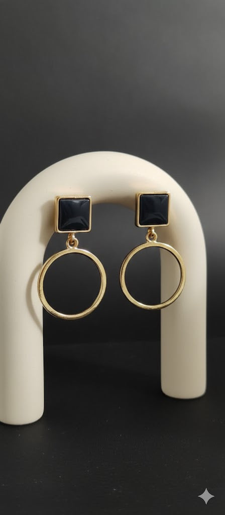 Black Square Stone Gold Hoop Drop Earrings