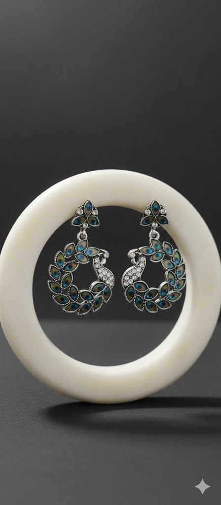 Peacock Motif Crystal Circular Drop Earrings
