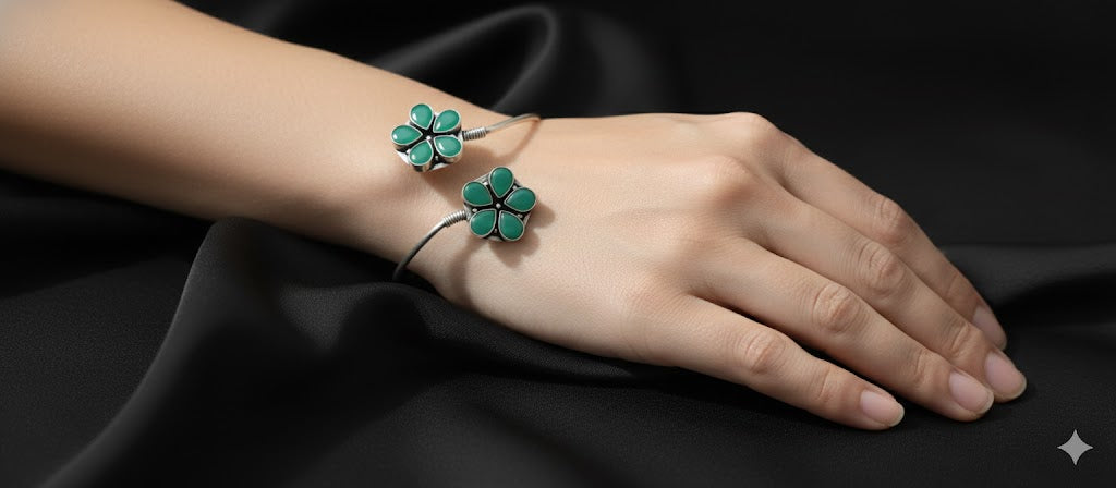 Emerald Bloom Silver Cuff Bracelet