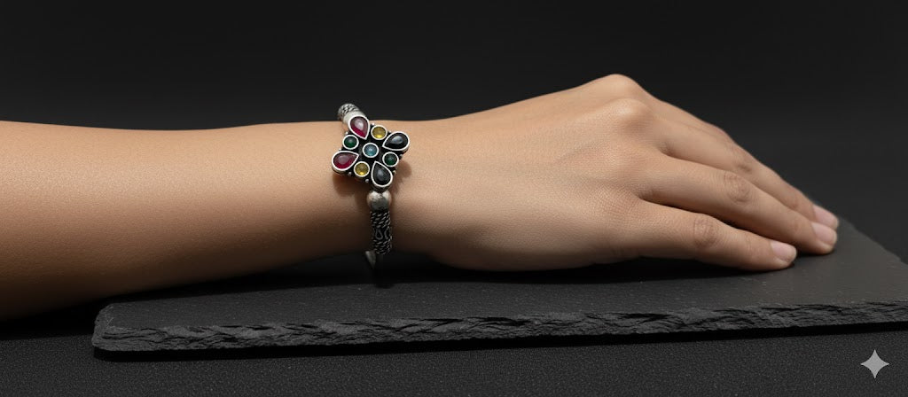 Navratna Floral Oxidized Silver Bracelet