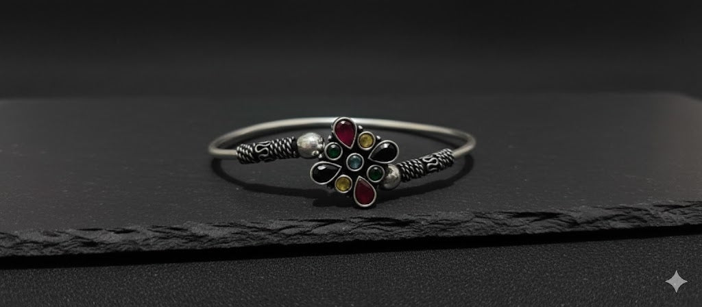 Navratna Floral Oxidized Silver Bracelet