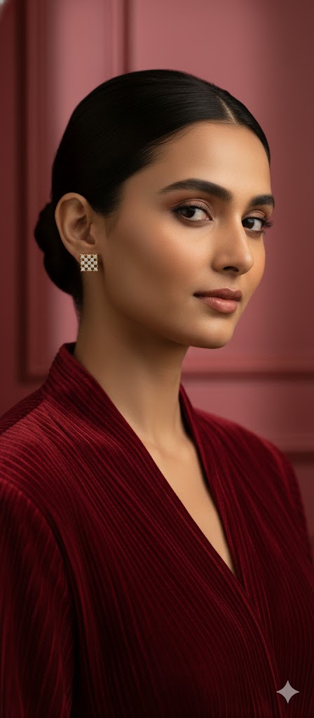 Square CZ Diamond-Pattern Gold Stud Earrings