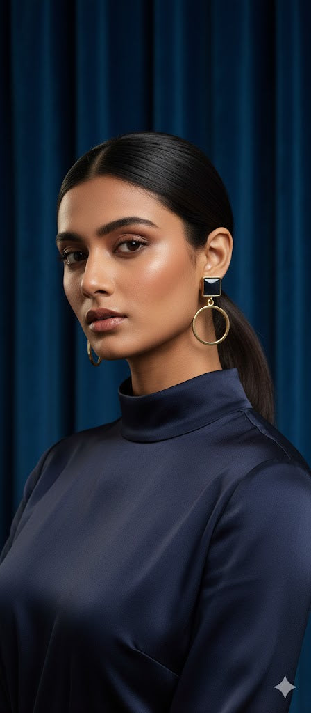 Black Square Stone Gold Hoop Drop Earrings